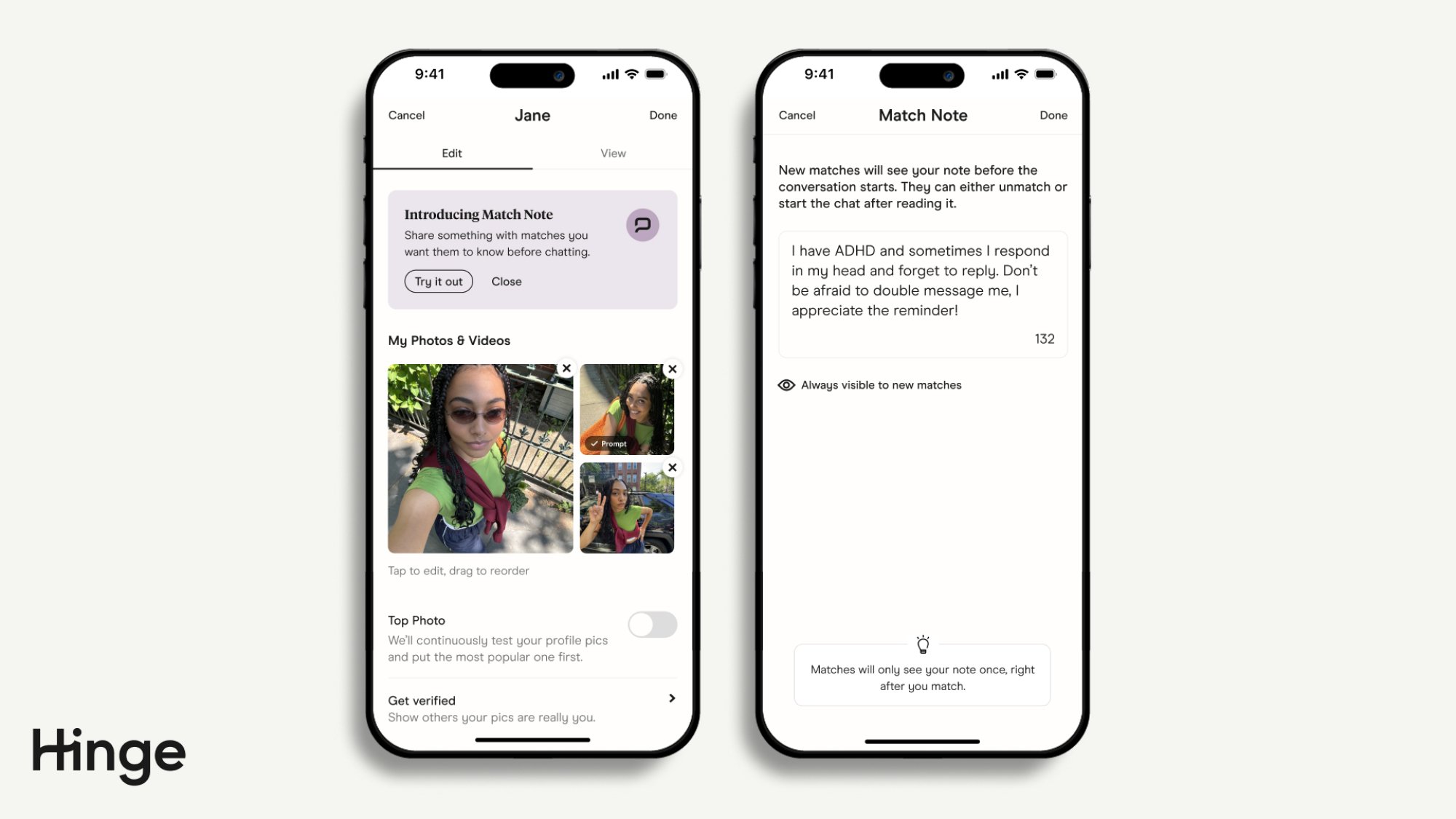 screenshots showing a pop-up in Hinge app that reads "Introducing Match Note Share something with matches you want them to know before chatting," with options to try it out or close. Right side is a screenshot with a Match Note about ADHD