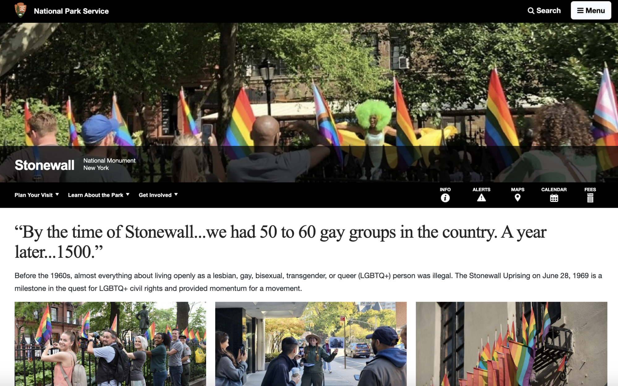 A screenshot of the Stonewall page on the National Park Service website showing LGBTQ acronyms.