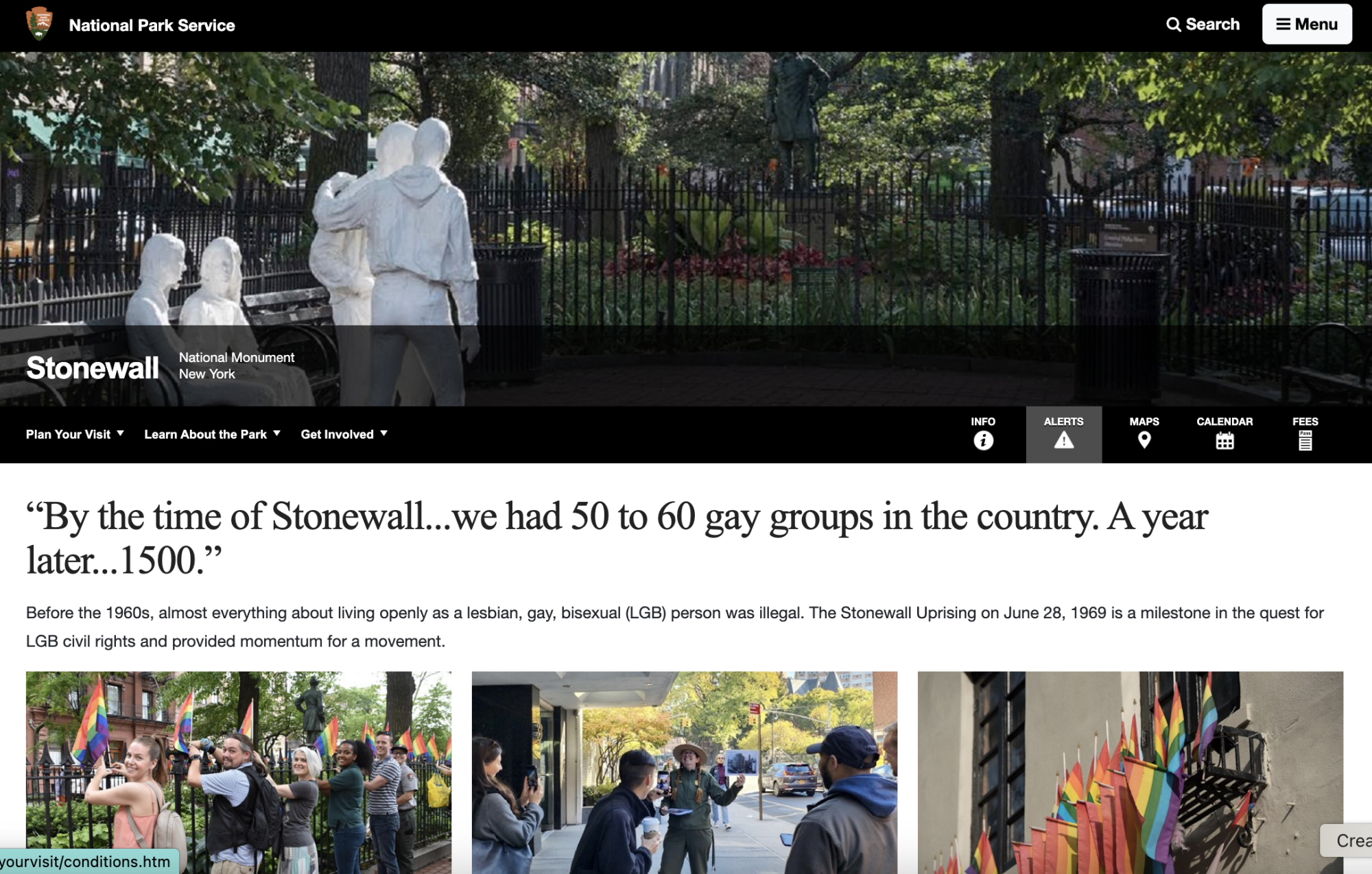 A screenshot of the Stonewall page on the National Park Service website showing LGB acronyms.