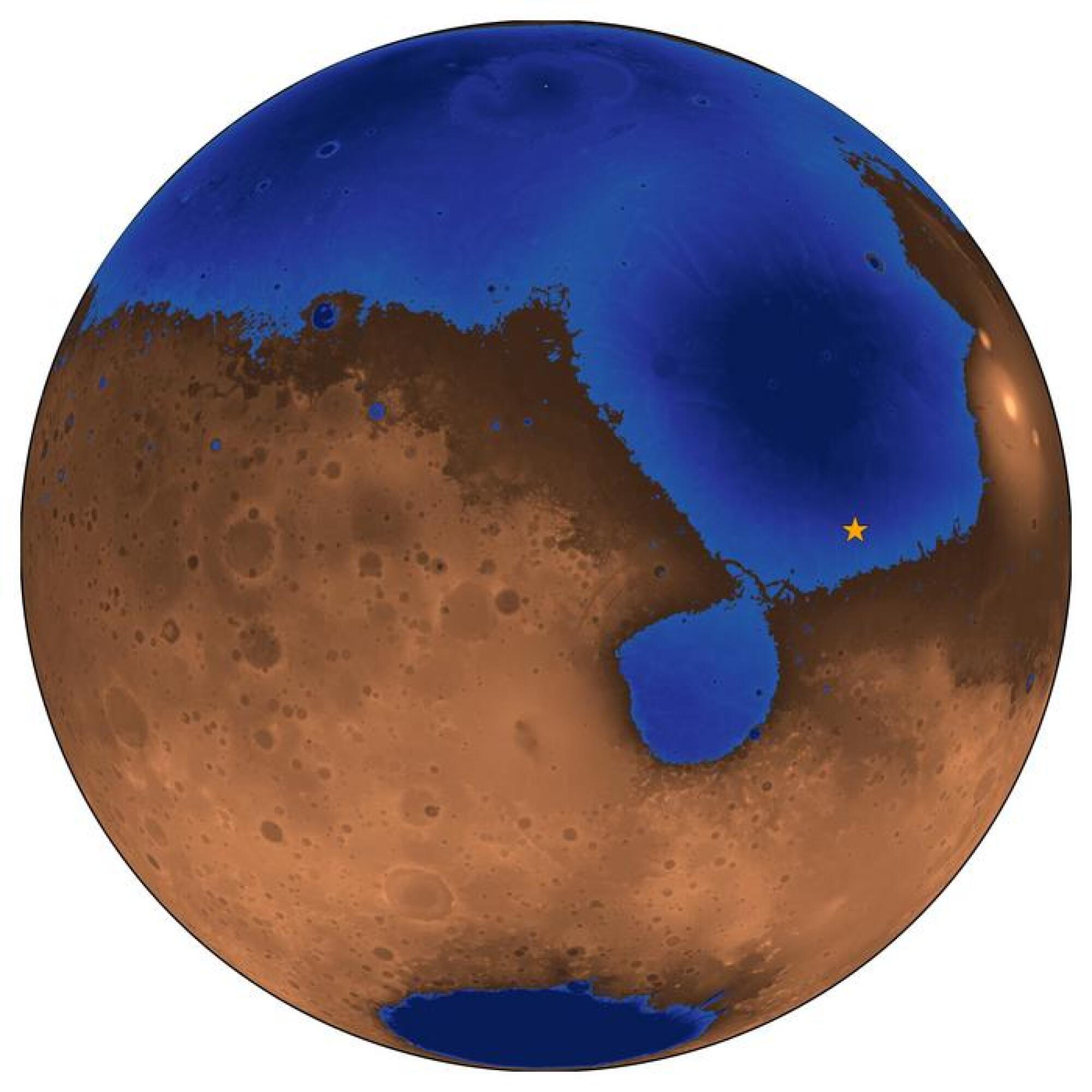 Topographical view of ocean at Utopia Planitia on Mars