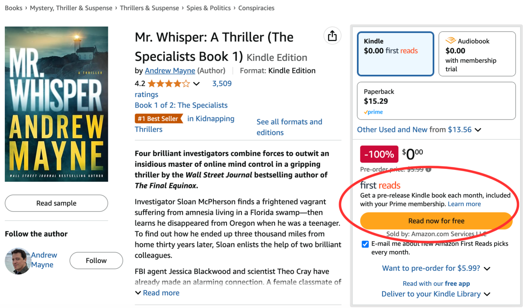 A screenshot of an Amazon book listing with the Amazon First Reads details circled.