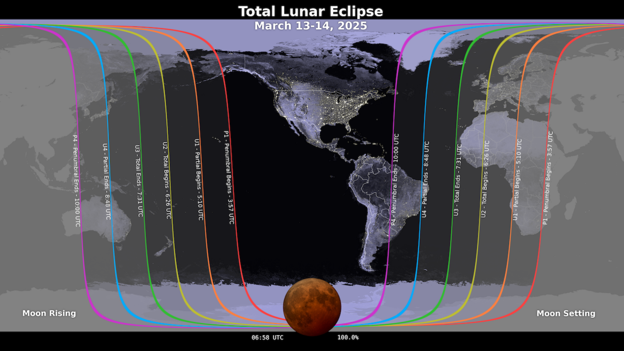A map showing how the Americas will have the opportunity to witness a total lunar eclipse on March 13-14, 2025.