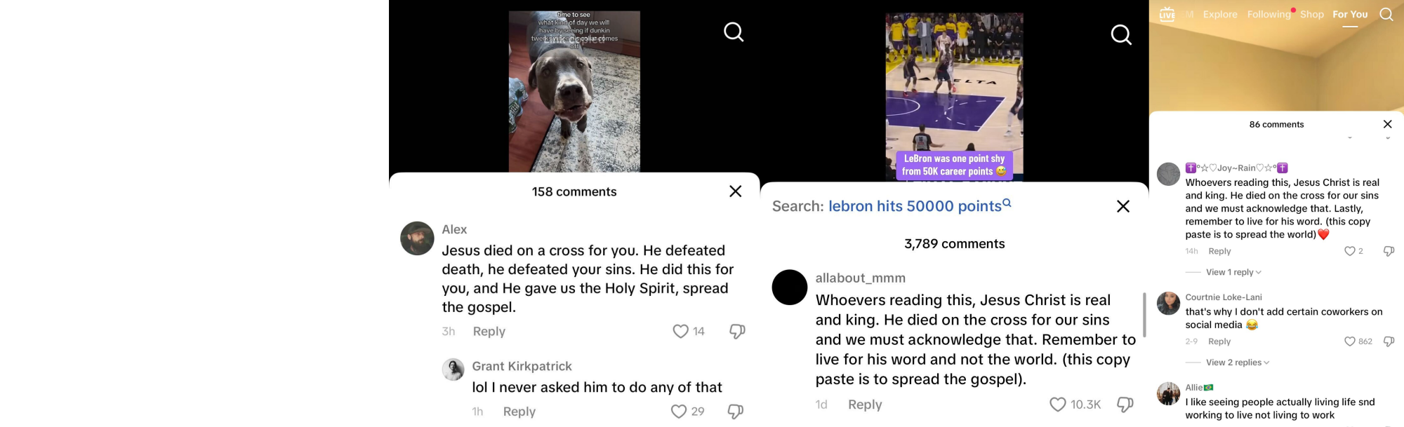 screenshots of tiktok comments about jesus christ dying for your sins