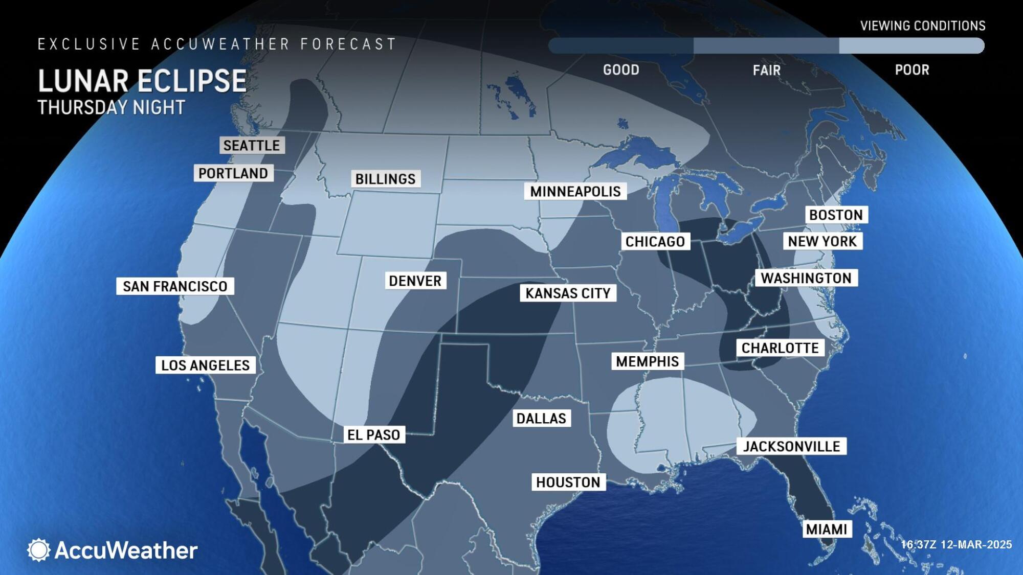 A map showing sky visibility during the March 13-14 total lunar eclipse.