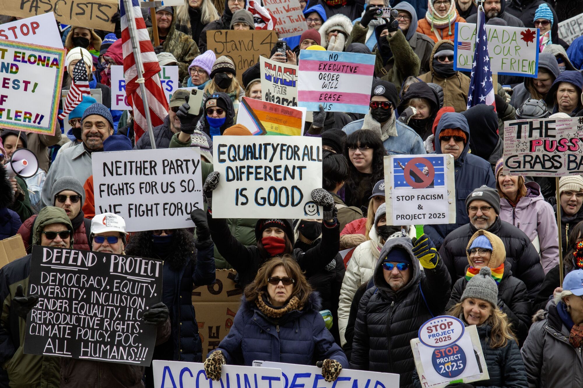 A large group of protesters stand in a mass holding various signs. One reads "Equality for all. Different is good." Another reads "Neither party fights for us so we fight for us."