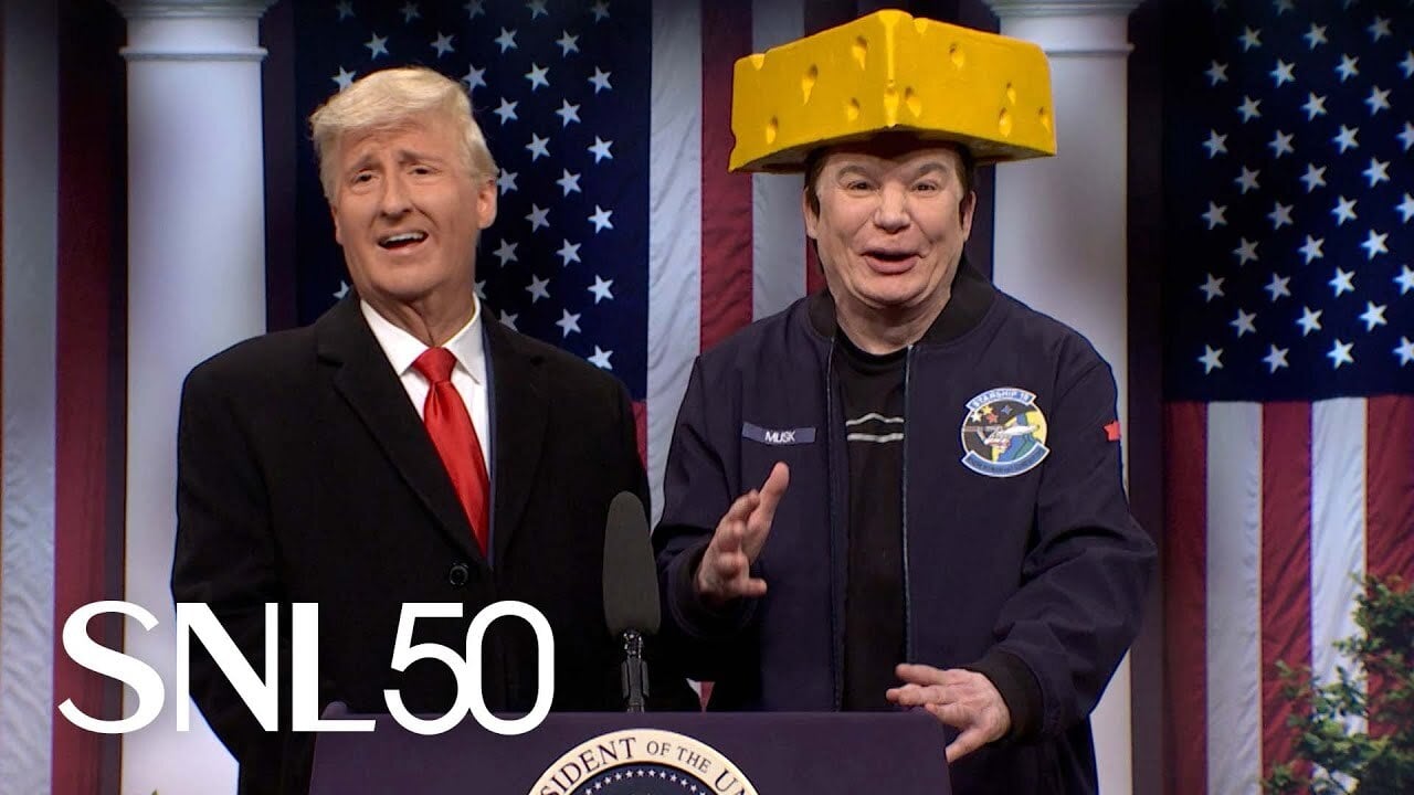 an image of James Austin Johnson as Trump and Mike Myers as Elon Musk