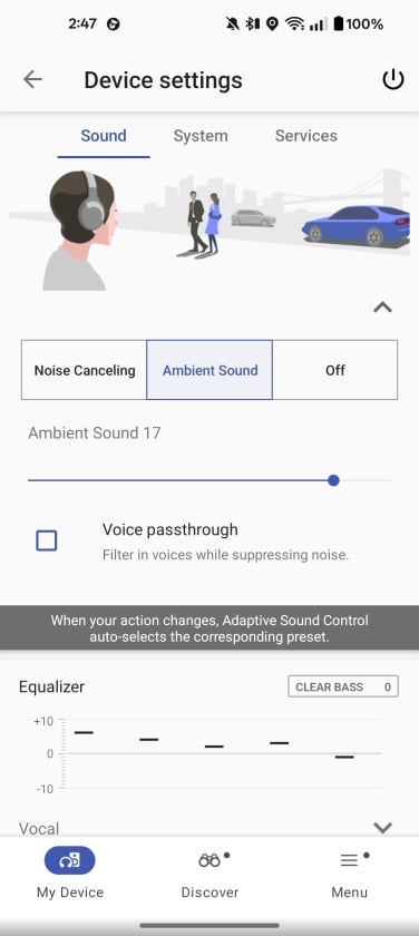 app screenshot showing earbuds' ambient sound level