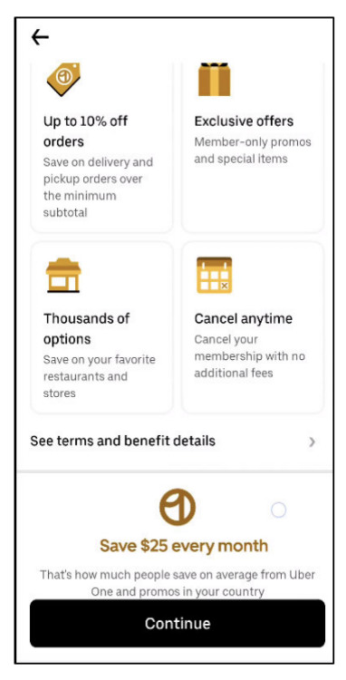 a screenshot from the uber app showing the Uber One subscription benefits