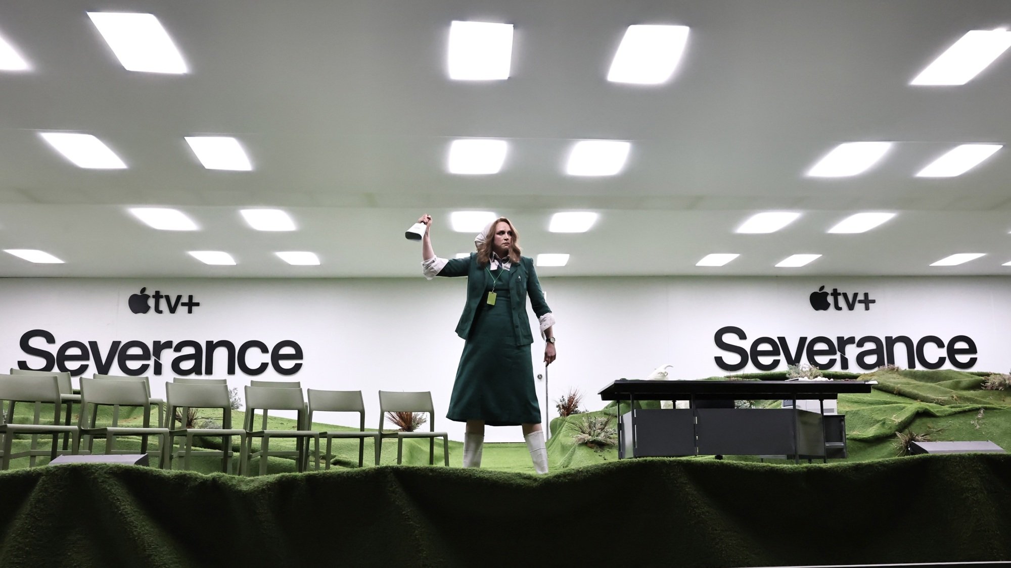 Gwendoline Christie in character as Lorne onstage at the "Severance" Bell Works event.