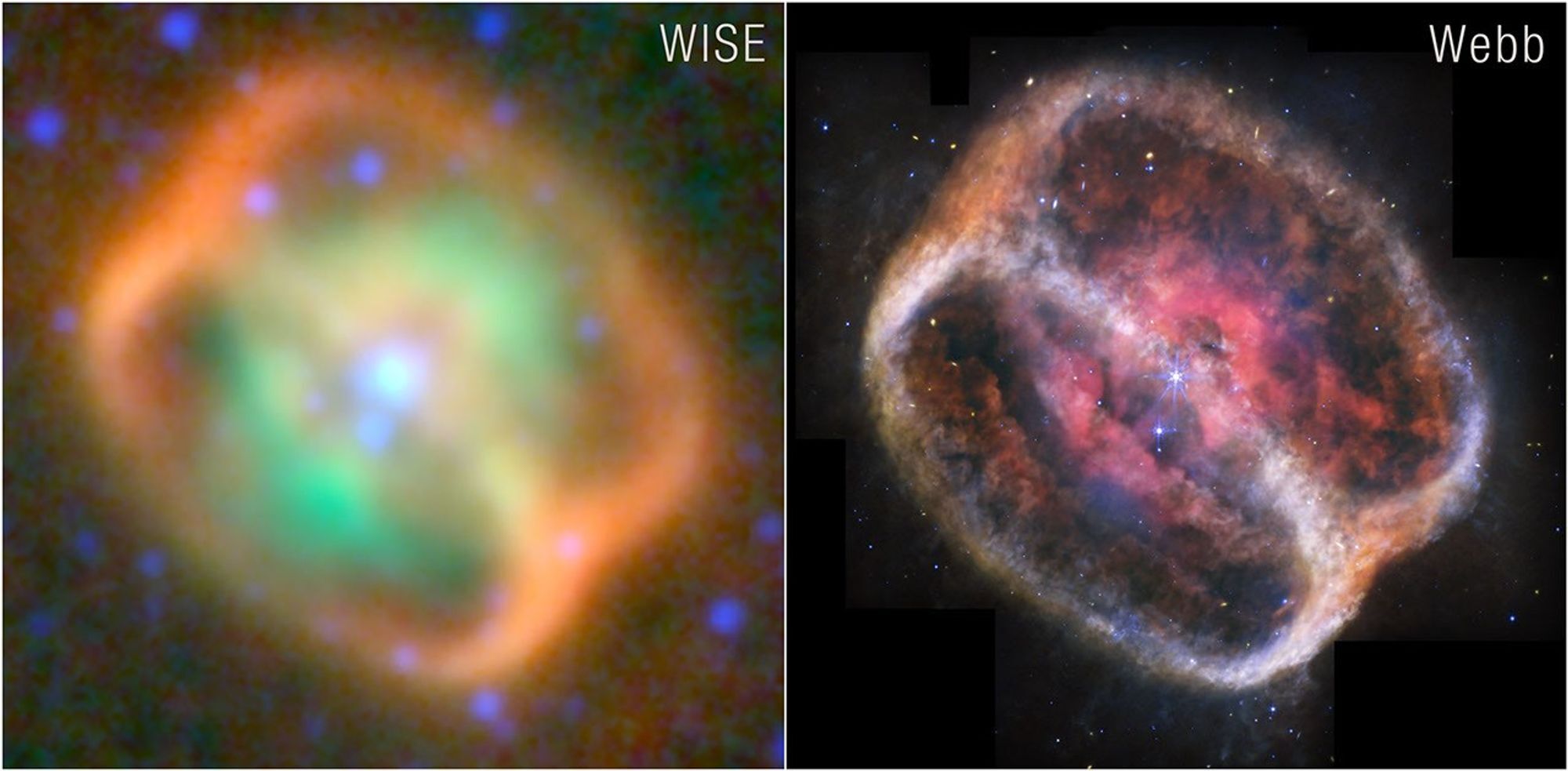 On left: A view of NGC 1514 captured by the Wide-field Infrared Survey Explorer (WISE) telescope in 2010. On right: The Webb telescope's view of NGC 1514.