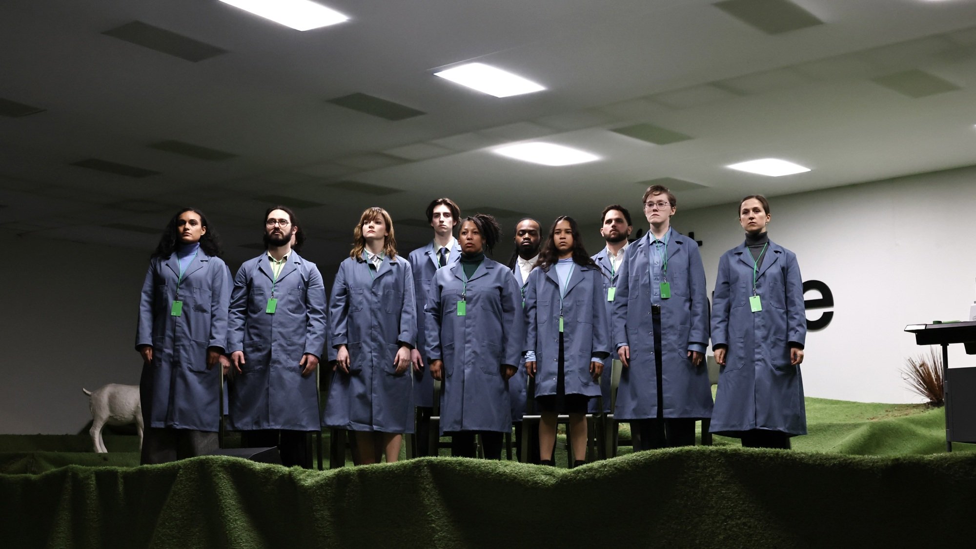 Actors dressed as Lumon employees at the Bell Works event.