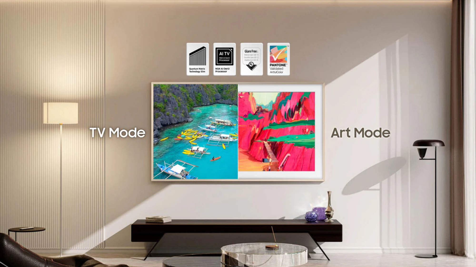 A Samsung The Frame Pro TV mounted on a wall showing TV and art mode.