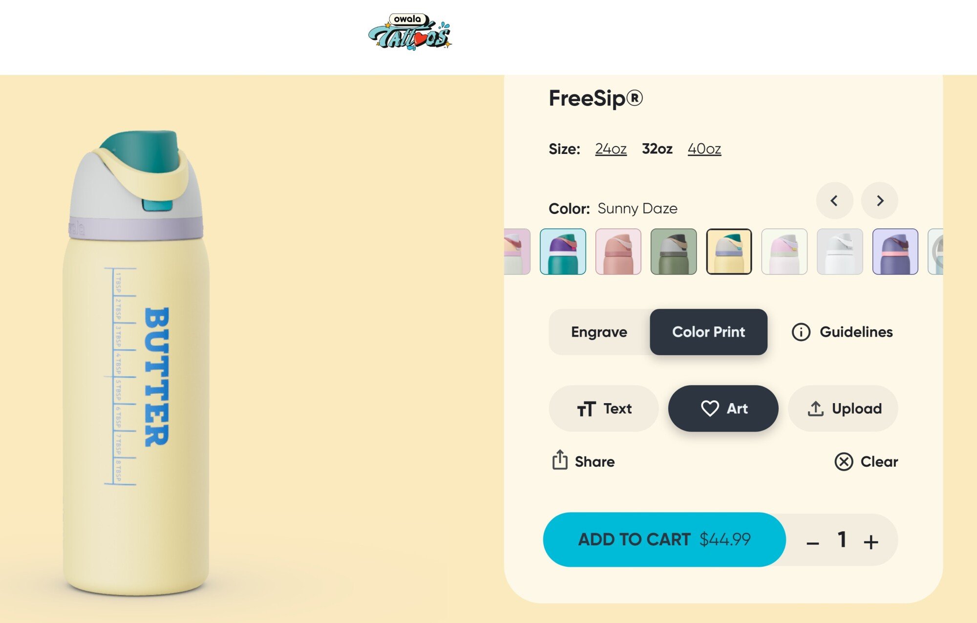an owala freesip water bottle with a butter tattoo, displayed on the brand's website with customization options and price