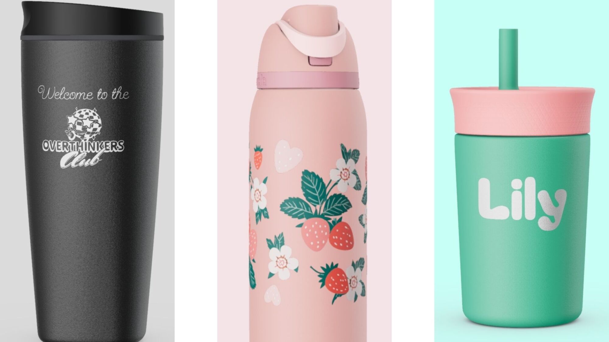 three Owala tattoo bottles in a row