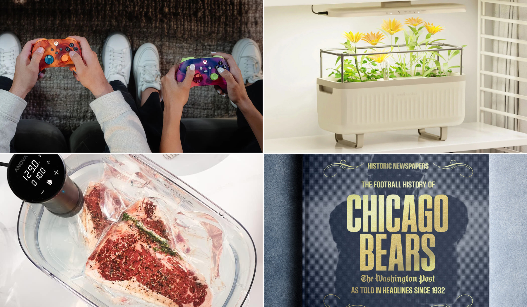 Two people holding custom Xbox controllers, flowers under a grow light, a sous vide device cooking steak, and a Chicago Bears book