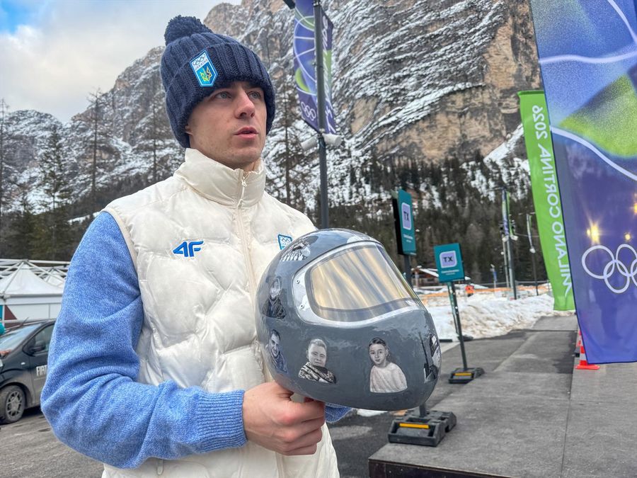 Ukraine's Heraskevych displays images of athletes killed in war on his helmet