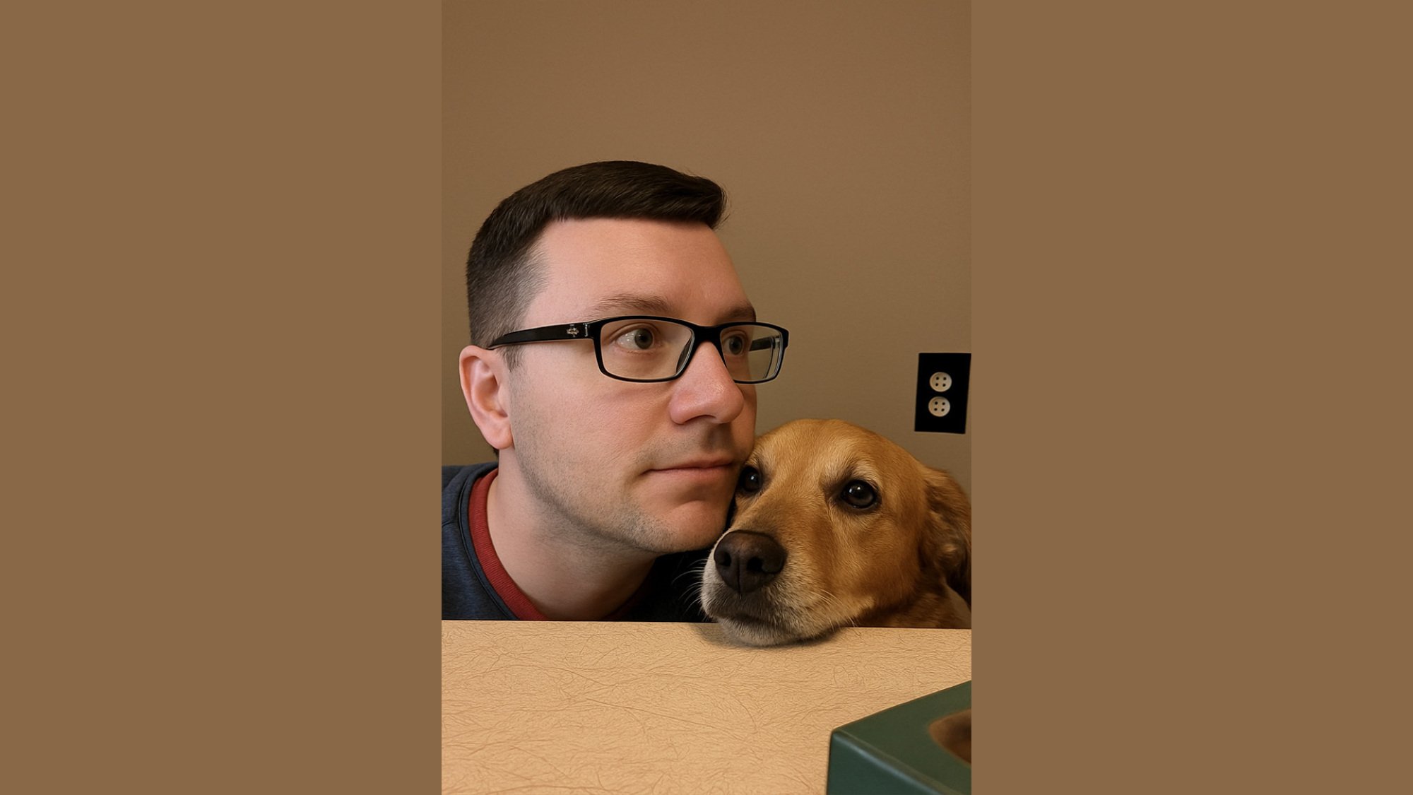 On the left, a man in glasses stares off camera, next to a dog on the right whose head is resting on the table. This image was manipulated with AI to place the man and dog together.