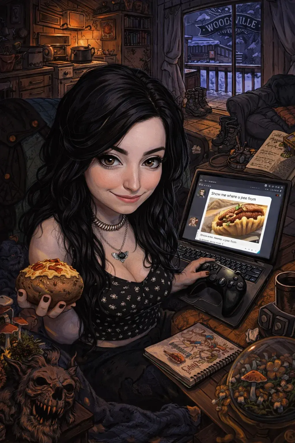 chatgpt caricature of woman holding baked potato
