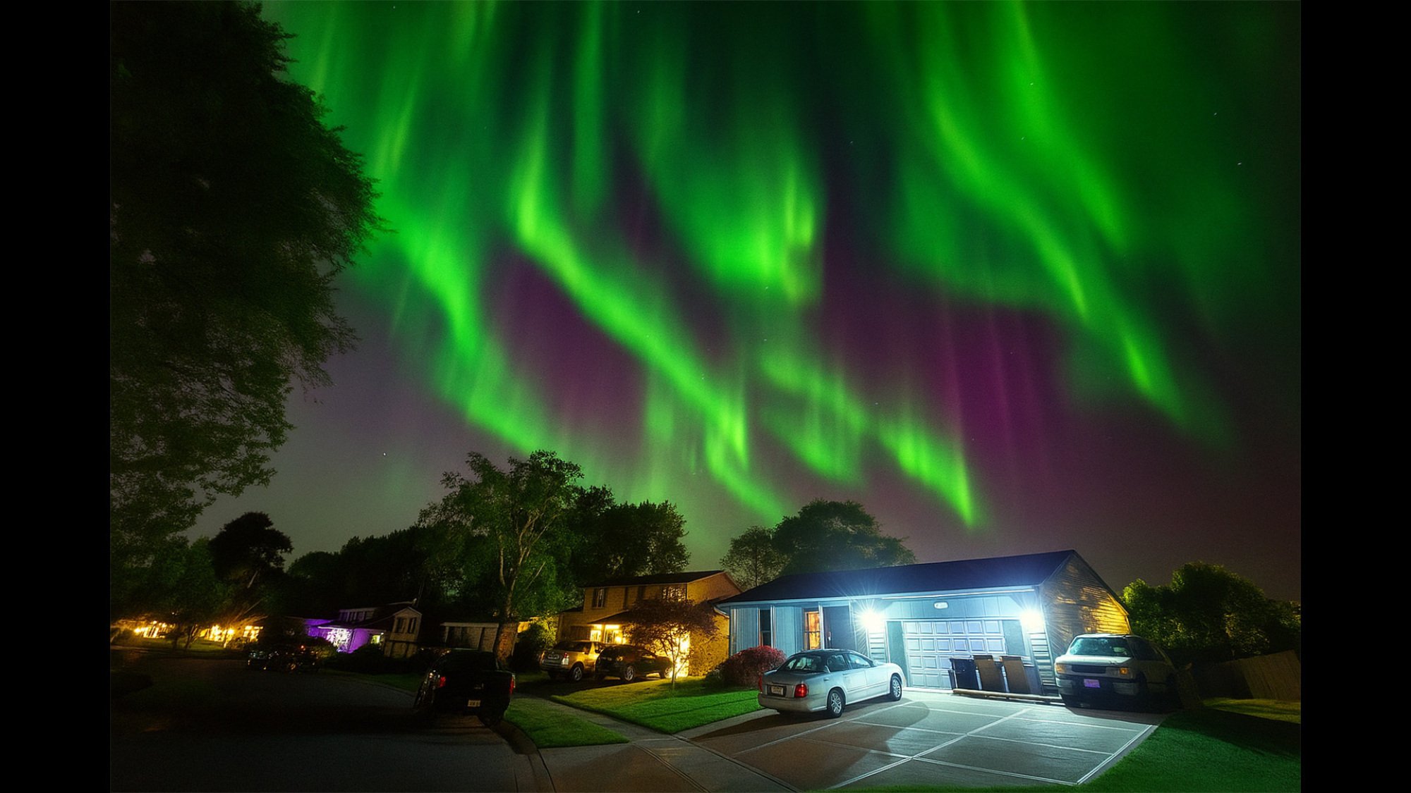 An AI-generated Aurora Borealis in the night sky over a suburban home