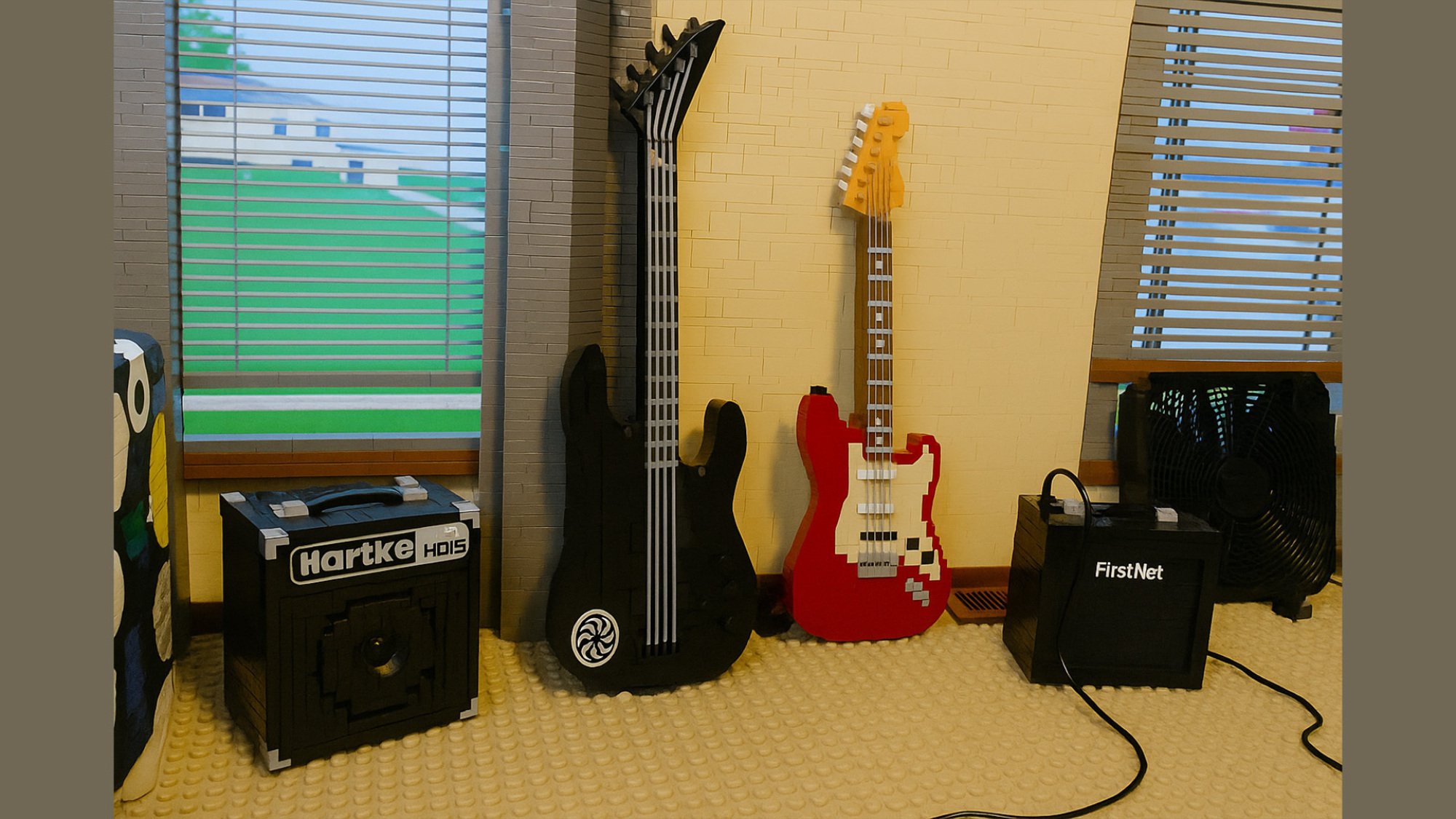 row of guitars turned into legos